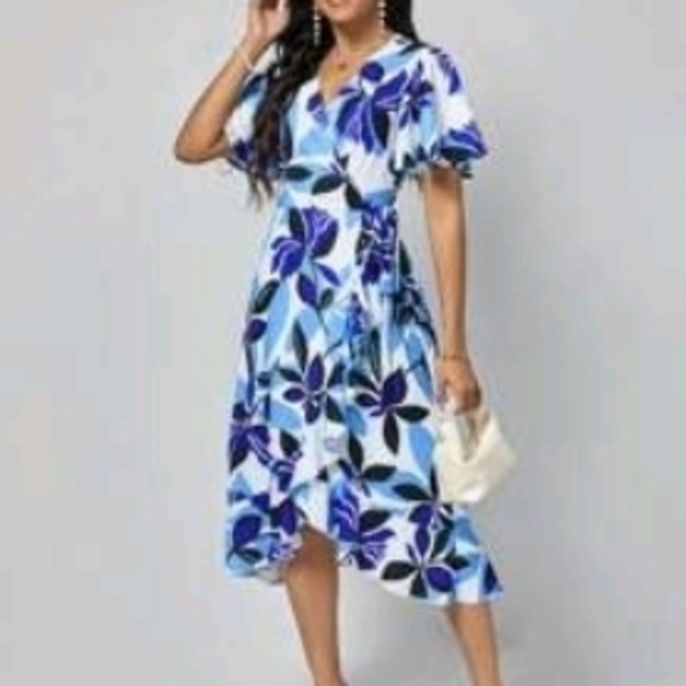 Floral Blue and White Wrap Dress